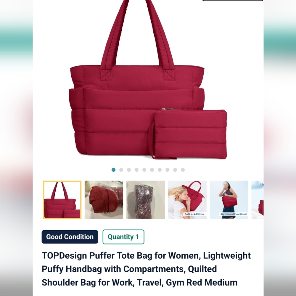 New Quilted Tote Bag with Matching Pouch - Dark Red - Picture 2 of 16